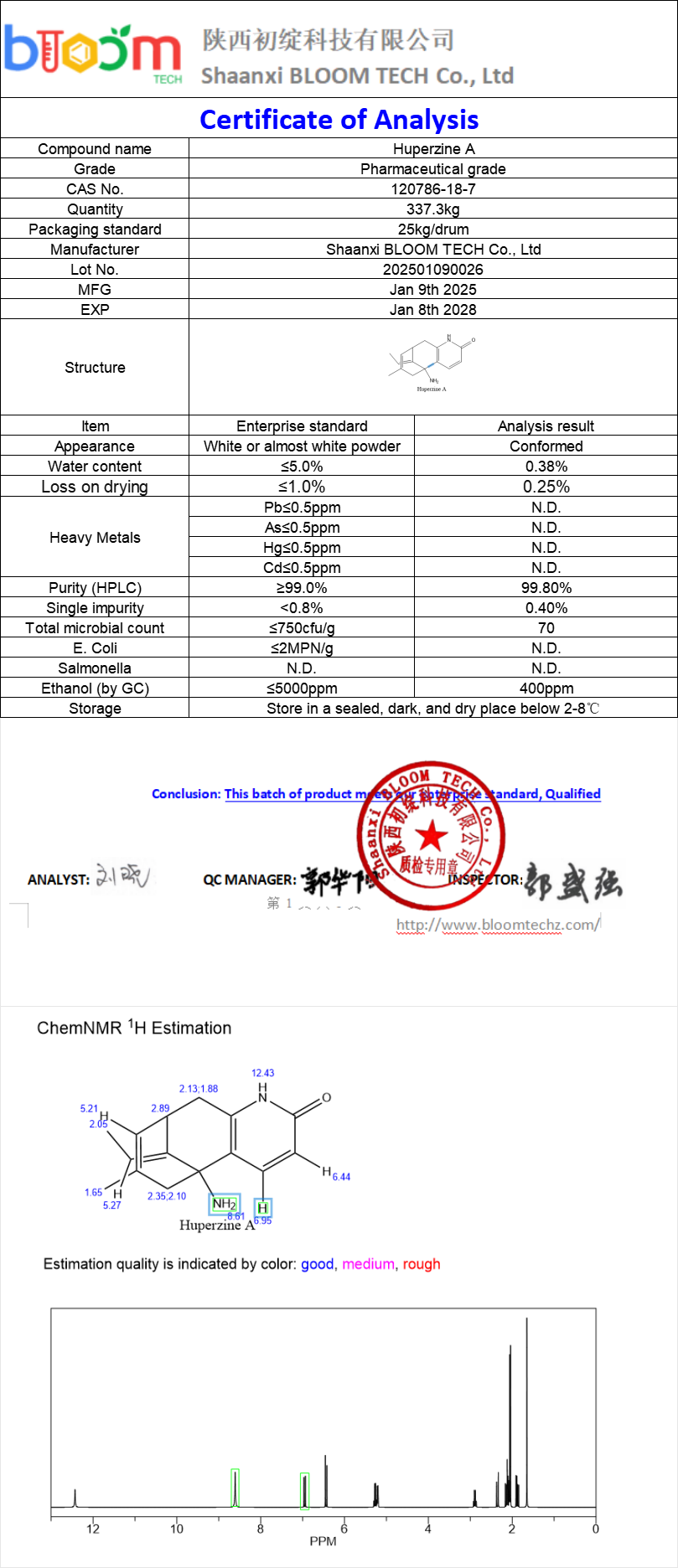 Huperzine A COA | Shaanxi BLOOM Tech Co., Ltd Huperzine A COA | Shaanxi BLOOM Tech Co., Ltd